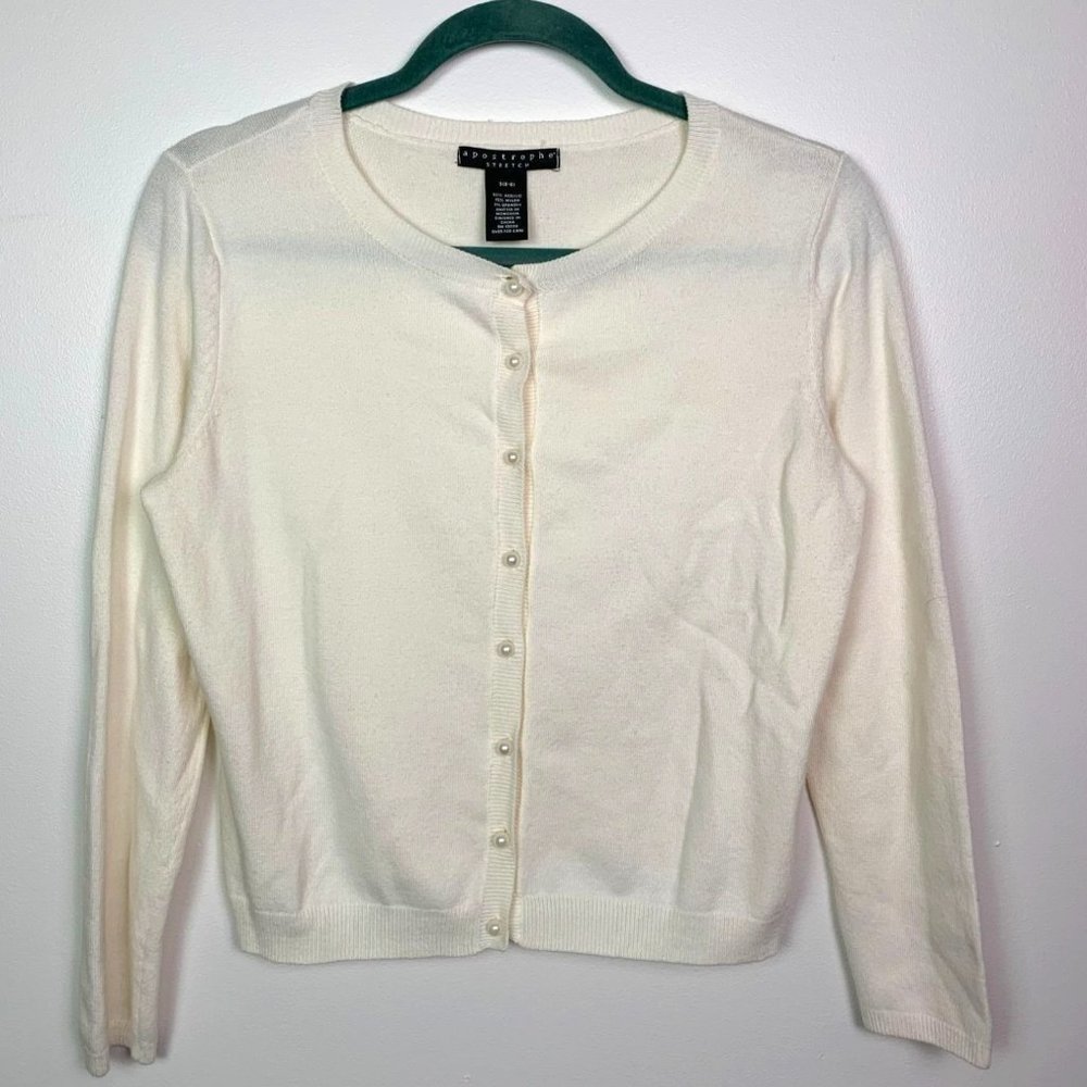 Apostrophe White Cardigan with Faux Pearl Buttons, Jr.s Size Small